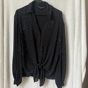 White House Black Market Womens Sparkle Blouse, XL, Black front tie